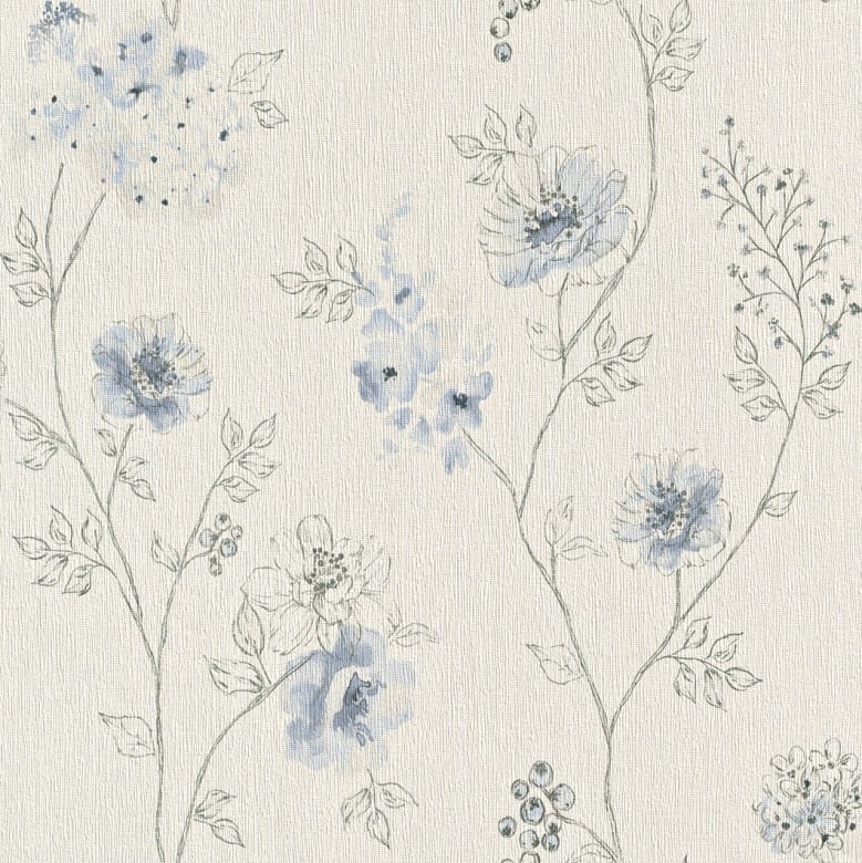 Blüten Blau - Rasch Vlies-Tapete Floral