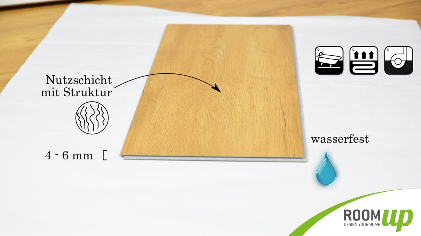 Klick-Vinyl-Planke mit Angaben zu den Eigenschaften