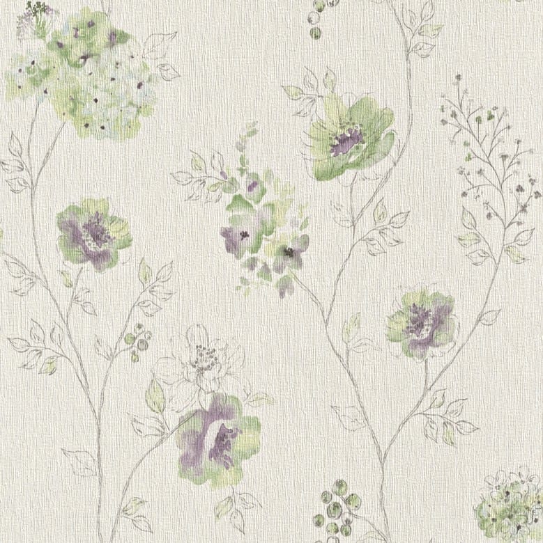 Blüten Grün Lila - Rasch Vlies-Tapete Floral